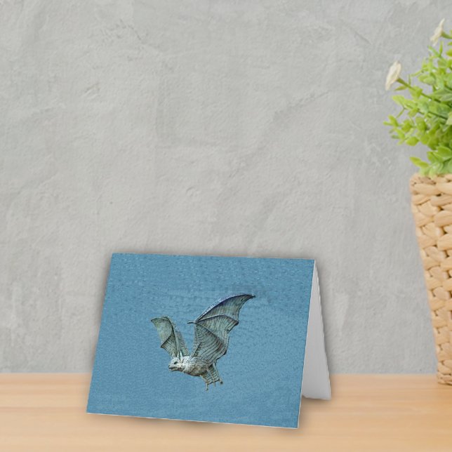 Flying 3D Blue Bat Card (Spooky flying blue bat white face on blue notecards.)