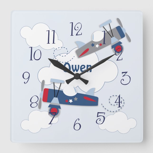 Flying Aeroplane Adventure Baby Boy Nursery Clock (Front)