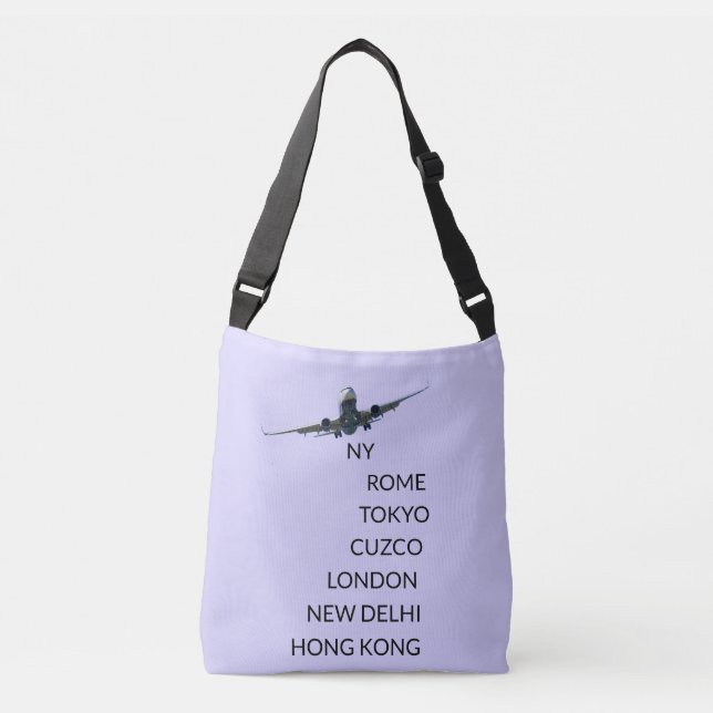 Flying aeroplane on light periwinkle blue crossbody bag (Front)
