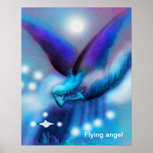 Flying angel at night art poster