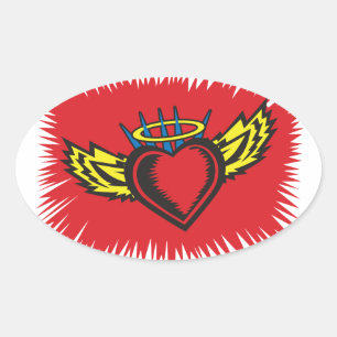 Flying Angel Heart Tattoo Oval Sticker