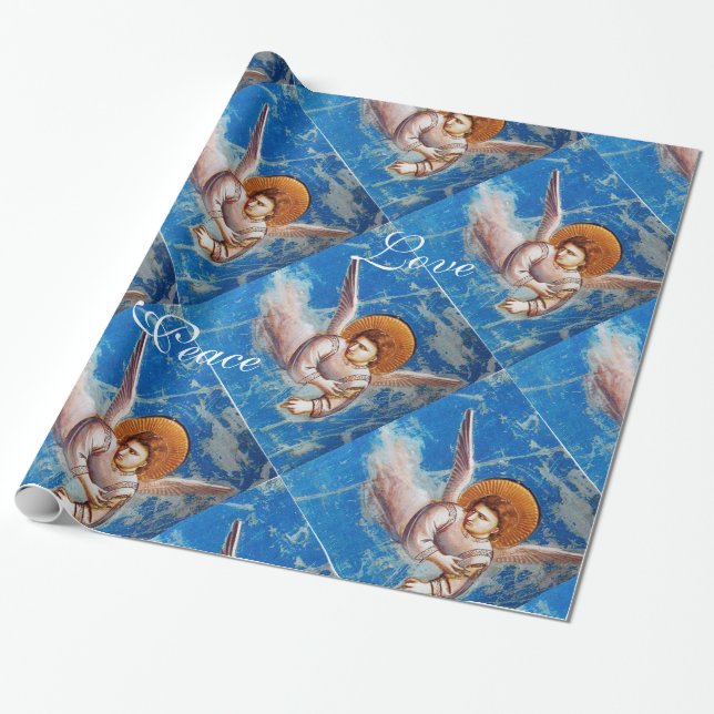 FLYING ANGEL IN BLUE CHRISTMAS JOY PEACE LOVE WRAPPING PAPER (Unrolled)