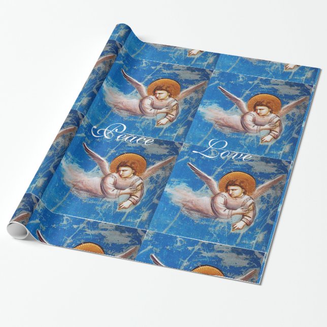 FLYING ANGEL IN BLUE CHRISTMAS JOY PEACE LOVE WRAPPING PAPER (Unrolled)