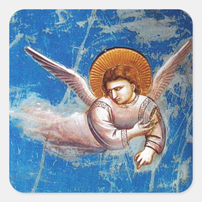 FLYING ANGEL IN BLUE SKY, CHRISTMAS HOLIDAY PARTY SQUARE STICKER (Front)