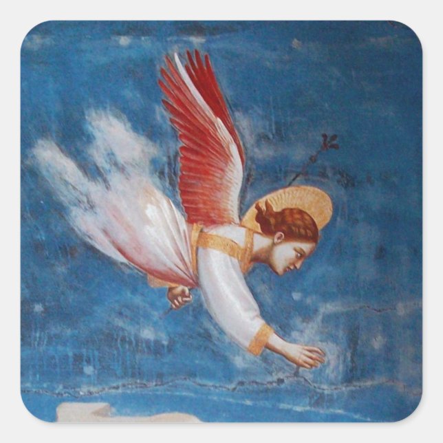 FLYING ANGEL IN BLUE SKY, CHRISTMAS HOLIDAY PARTY SQUARE STICKER (Front)