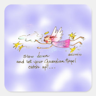 Flying angel in purple, gold stars says slow down square sticker