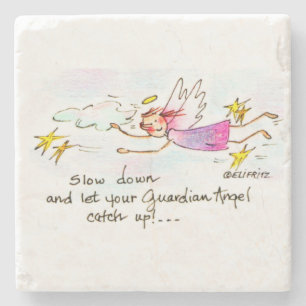 Flying angel in purple, gold stars says slow down  stone coaster