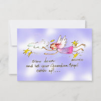 Flying angel in purple, gold stars says slow down