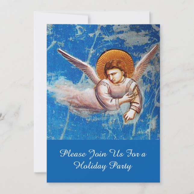 FLYING ANGELS IN BLUE SKY, CHRISTMAS HOLIDAY PARTY INVITATION (Front)
