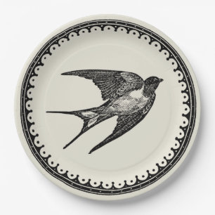 Flying Antique Swallow Bird On Beige Background Paper Plate