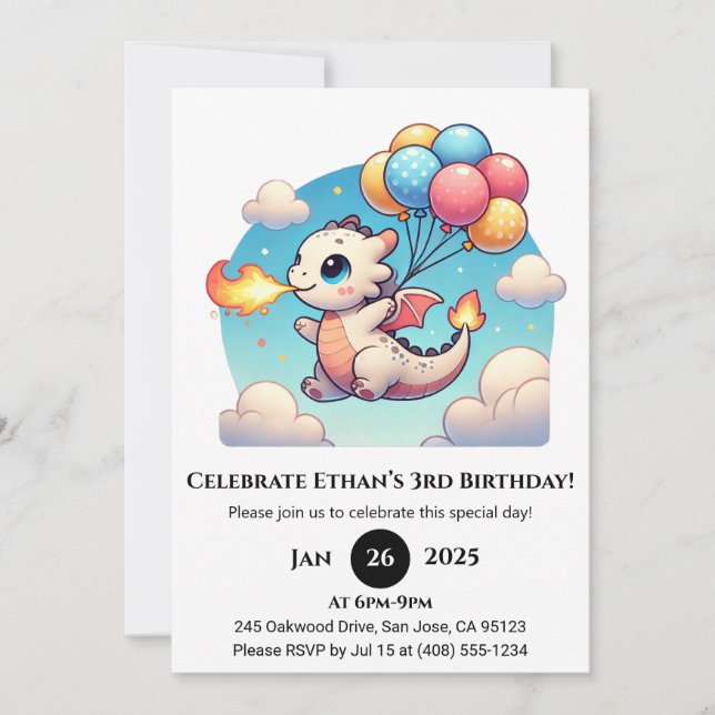 Flying Baby Dragon with Balloons Birthday Invitation (Front)