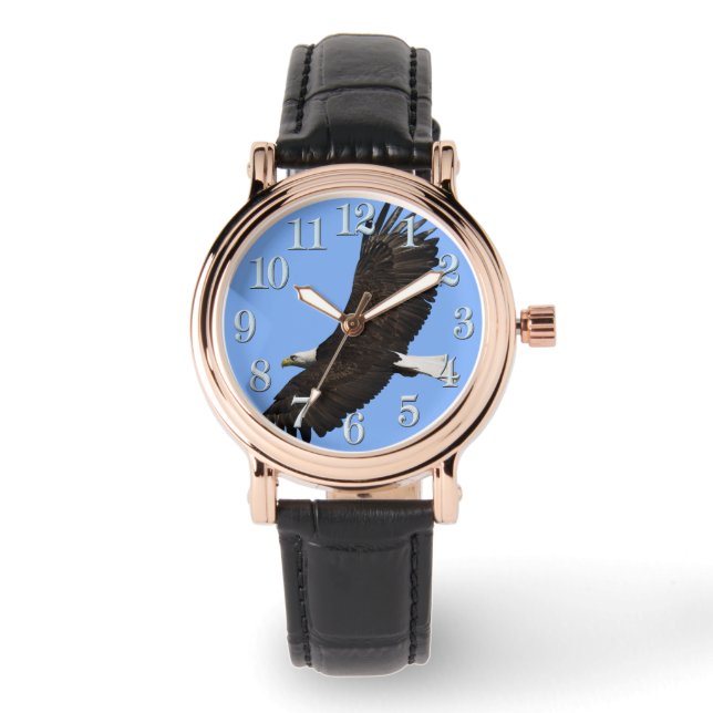 Flying Bald Eagle and Blue Sky Wildlife Wristwatch (Front)