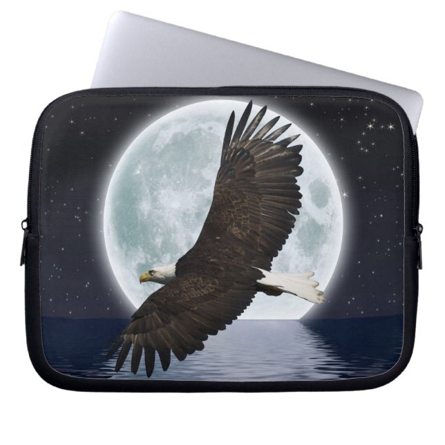 Flying Bald Eagle, Full Moon Wildlife Night Photo Laptop Sleeve (Front)