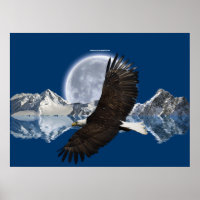 Flying Bald Eagle, Mountain & Moon Art Poster