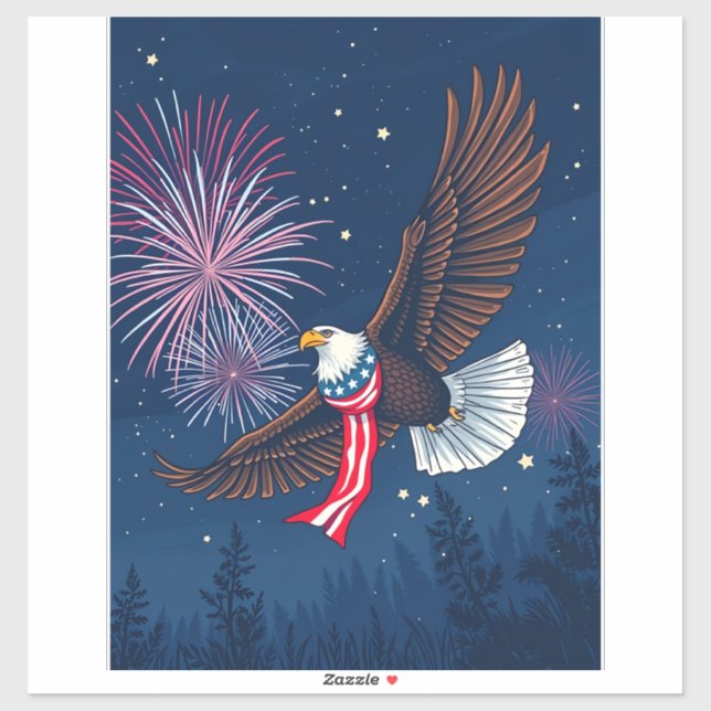 Flying Bald Eagle with USA Flag Scarf & Fireworks  (Sheet)