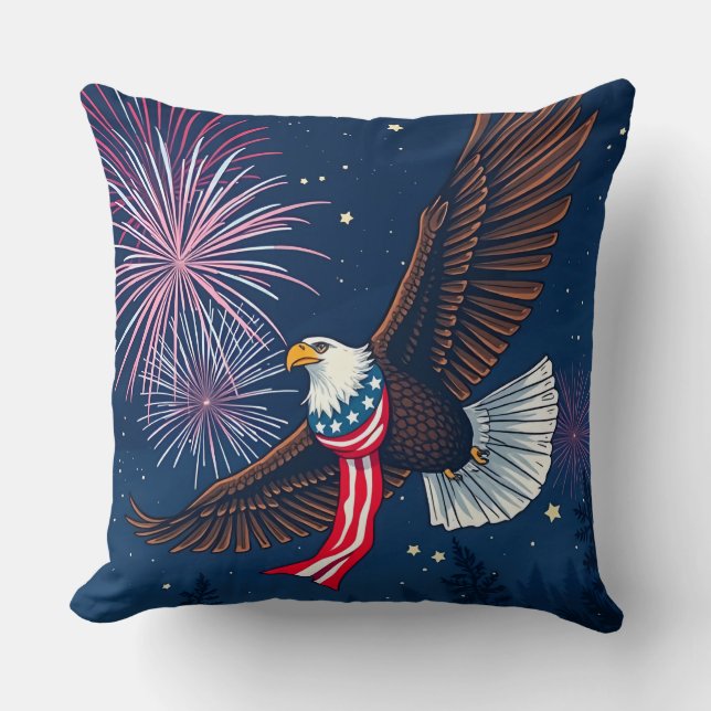 Flying Bald Eagle with USA Flag Scarf & Fireworks  Cushion (Front)