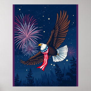 Flying Bald Eagle with USA Flag Scarf & Fireworks  Poster