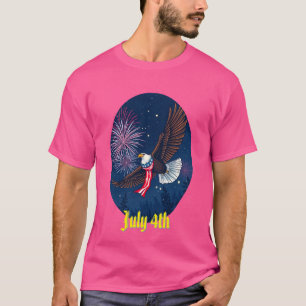 Flying Bald Eagle with USA Flag Scarf & Fireworks  T-Shirt