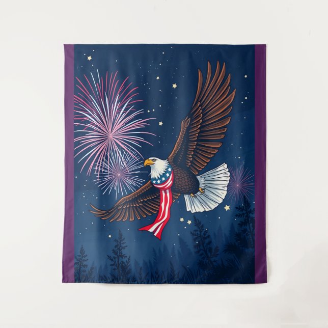 Flying Bald Eagle with USA Flag Scarf & Fireworks  Tapestry (Front)