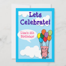 Flying Balloon Pig Children's Birthday Invite