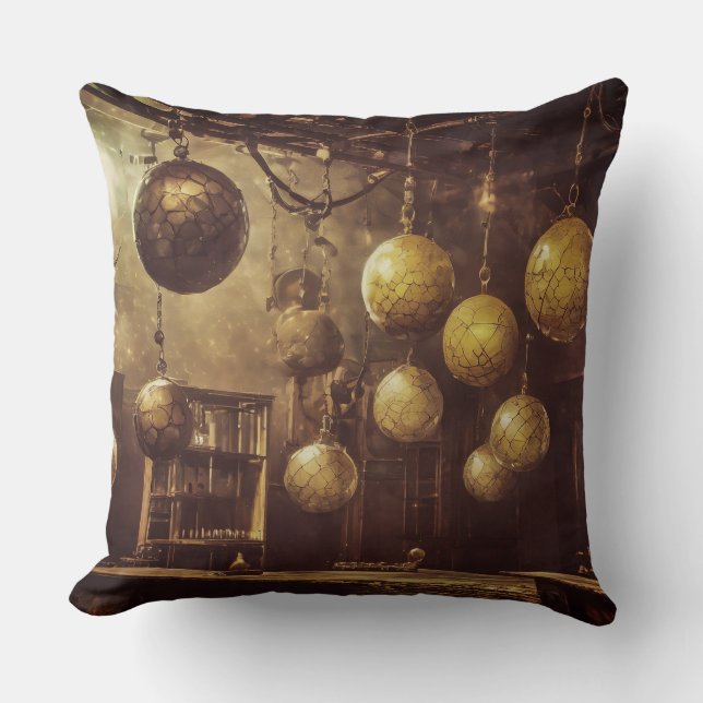 Flying balls, in an steampunk laboratory cushion (Front)