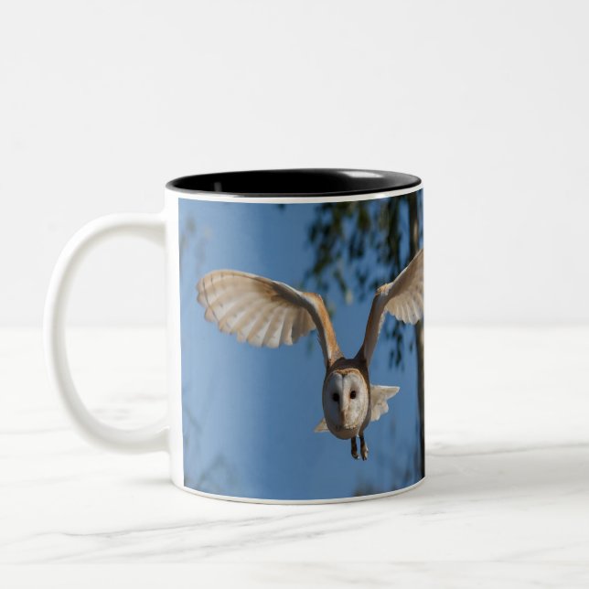 Flying barn owl Two-Tone coffee mug (Left)