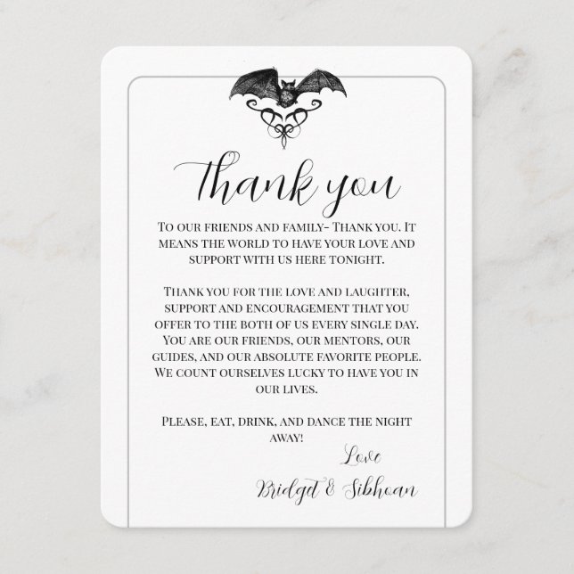 Flying Bat Gothic Wedding Thank You Reception Card (Front)