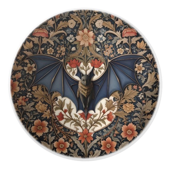 Flying Bat - Modern William Morris Floral  Ceramic Knob (Front)