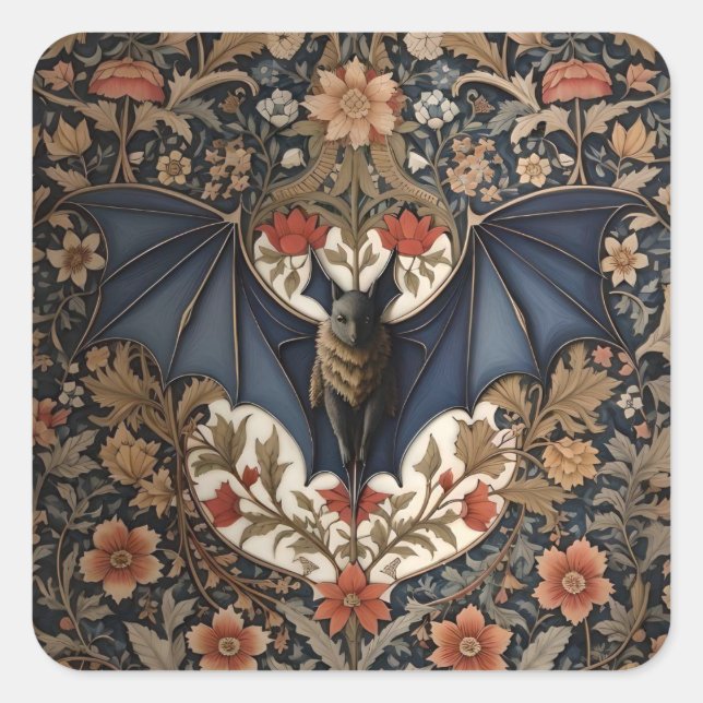 Flying Bat - Modern William Morris Floral  Square Sticker (Front)