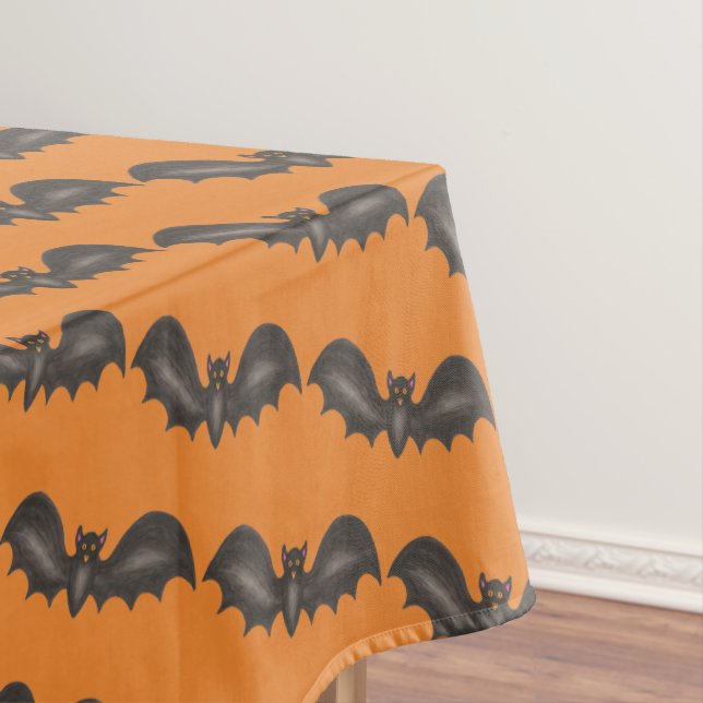 Flying Bats Black Orange Happy Halloween Print Tablecloth (In Situ)
