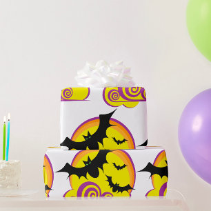 Flying Bats Halloween Night Full Moon Swirls Wrapping Paper