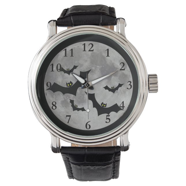 Flying Bats Men's Black Leather Strap Watch (Front)
