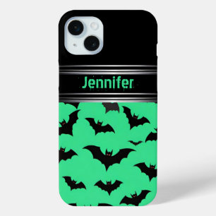 Flying Bats on Green: Spooky Halloween Vibes iPhone 15 Mini Case