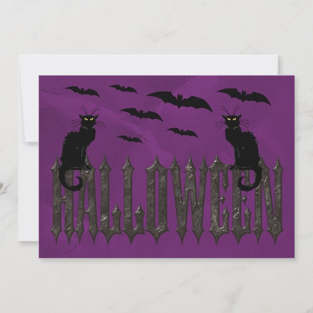 Flying Bats & Spooky Cats Halloween Invitation (Front)