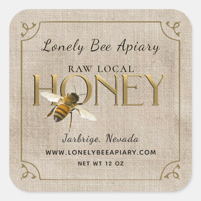 Flying Bee Metallic Gold Honey Label fancy border (Front)