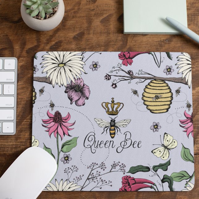 Flying Bees Queen Bee Gold Crown Floral Purple Mouse Mat (Lavender Queen Bee Royal Crown Floral Pattern with Queen Bee, Crown, Exotic flowers, bees, beehive)