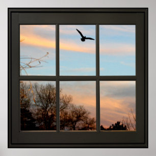 Flying Bird Faux Window Illusion 24x24 Black Poster