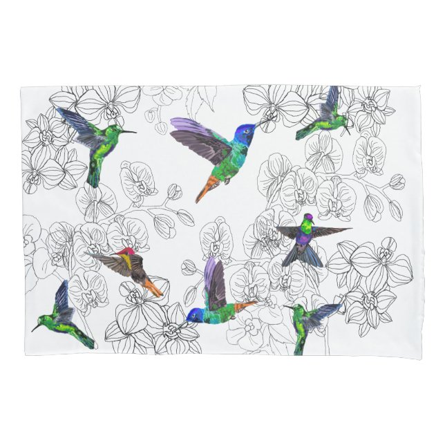 Flying Bird Pillow Case Hummingbird and Orchids (Front)