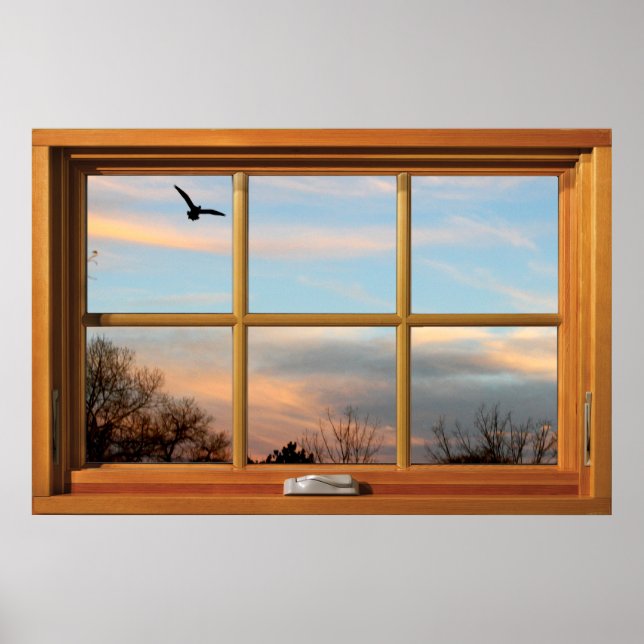 Flying Bird Silhouette Wooden Window Illusion Poster (Front)
