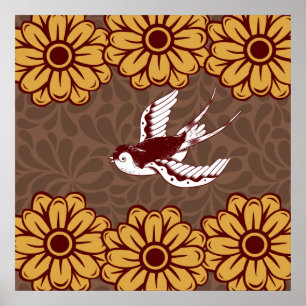 Flying Bird with Flowers Damask Pattern Poster