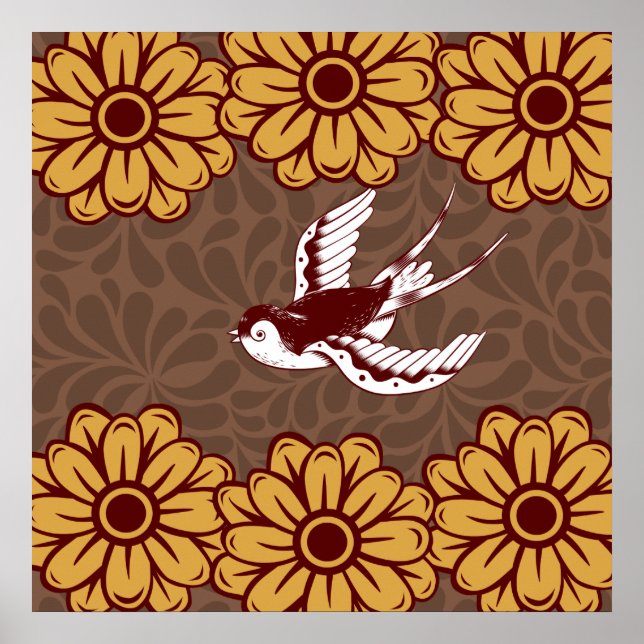 Flying Bird with Flowers Damask Pattern Poster (Front)