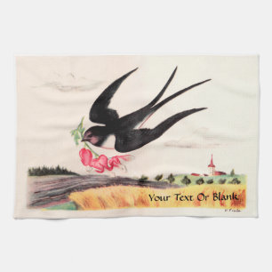 Flying Bird With Flowers Tea Towel