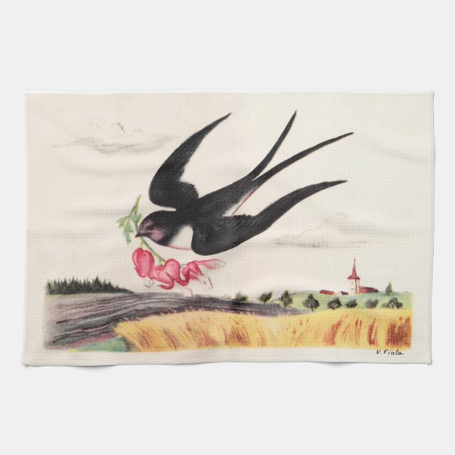 Flying Bird With Flowers Tea Towel (Horizontal)