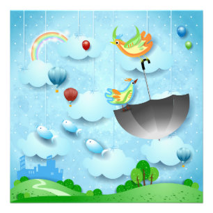 Flying birds and umbrella over the city photo print