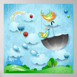 Flying birds and umbrella over the city poster