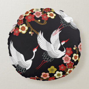 Flying Birds: Crane Heron Japanese. Round Cushion