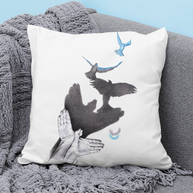 Flying birds Hand shadow Illusion Surreal art Cool Cushion (Creator Uploaded)