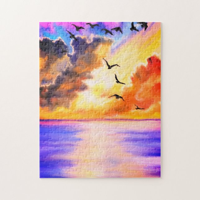 Flying Birds on Sea Sunset Puzzle - Watercolor Art (Vertical)