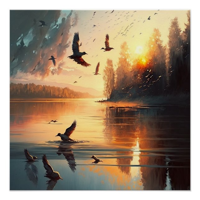 Flying Birds sunset lake Glossy Poster (Front)