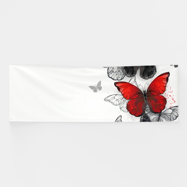 Flying Black and Red Morpho Butterflies Banner (Horizontal)